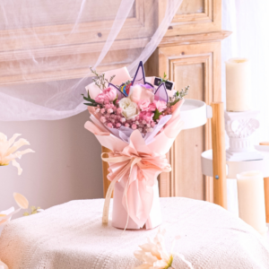 Mini Miracle Pink Carnation Bouquet White Rose, White Eustoma, Spary Carnation, White Baby Breath, Caspia Purple, Eucalyptus Parviforia, Bunny Tail, Free Delivery, KL, Kuala Lumpur, Birthday, Surprise