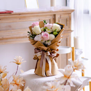 Pink rose, white rose, white ping pong, eustoma, free delivery