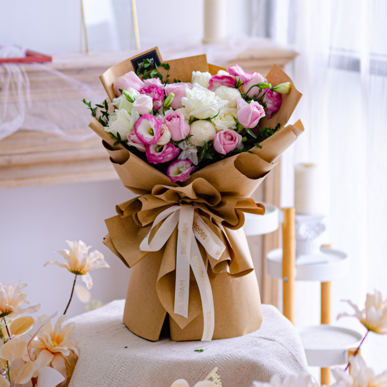Pink Rose, White Rose, White ping pong, eustoma, free delivery