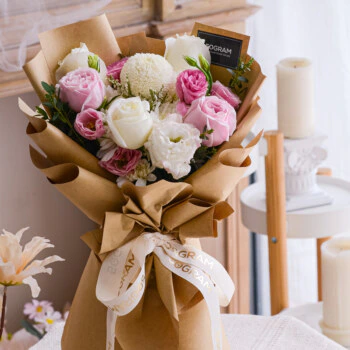 Pink rose, white rose, white ping pong, eustoma, free delivery