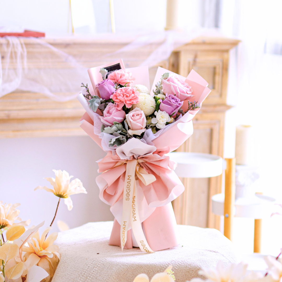 Purple Rose, Pink Rose, Pink Carnation, White Ping Pong Hand bouquet Regular Size