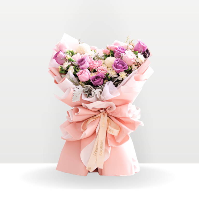 Purple Rose, Pink Rose, Pink Carnation, White Ping Pong Hand bouquet Medium Size