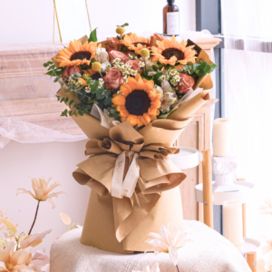 Beautiful You – Sunflower Bouquet Sunflower, Cappuccino Rose, Alstroemeria White, Chamomile, Yellow Craspedia, Eucalyptus, Baby Blue, Free Delivery, KL, Kuala Lumpur, Birthday, Surprise