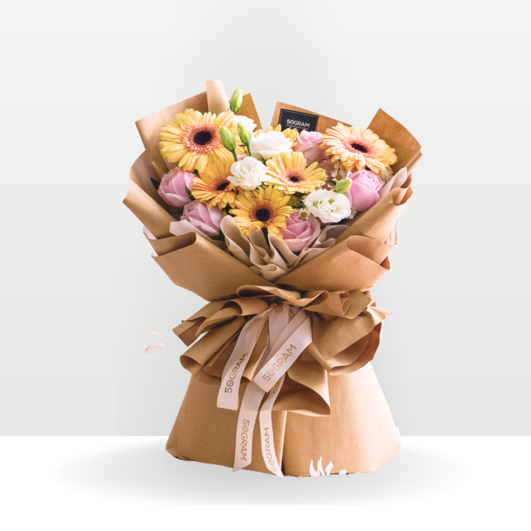 My Everything – Champagne Daisy Bouquet -Gerbera Champagne, Pink Rose, White Eustoma, Chamomile, Eucalyptus, Baby Blue, Free Delivery, KL, Kuala Lumpur, Birthday, Surprise