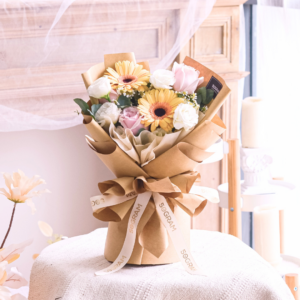 My Everything – Champagne Daisy Bouquet -Gerbera Champagne, Pink Rose, White Eustoma, Chamomile, Eucalyptus, Baby Blue, Free Delivery, KL, Kuala Lumpur, Birthday, Surprise