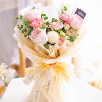Pink Rose, Pink Carnation, Spray Rose Pink, White Ping Pong, White Orchid, Panicum, Eucalyptus Baby Blue, Free Delivery, KL, Kuala Lumpur, Birthday, Surprise