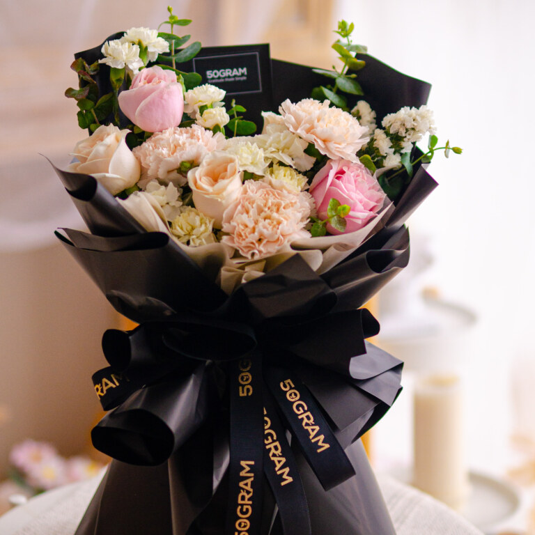 Brut Carnation, Pink Rose, Cream Rose, White Ping Pong, Spray Carnation White, Statice White, Eucalyptus Cinerea, Free Delivery, KL, Kuala Lumpur, Birthday, Surprise
