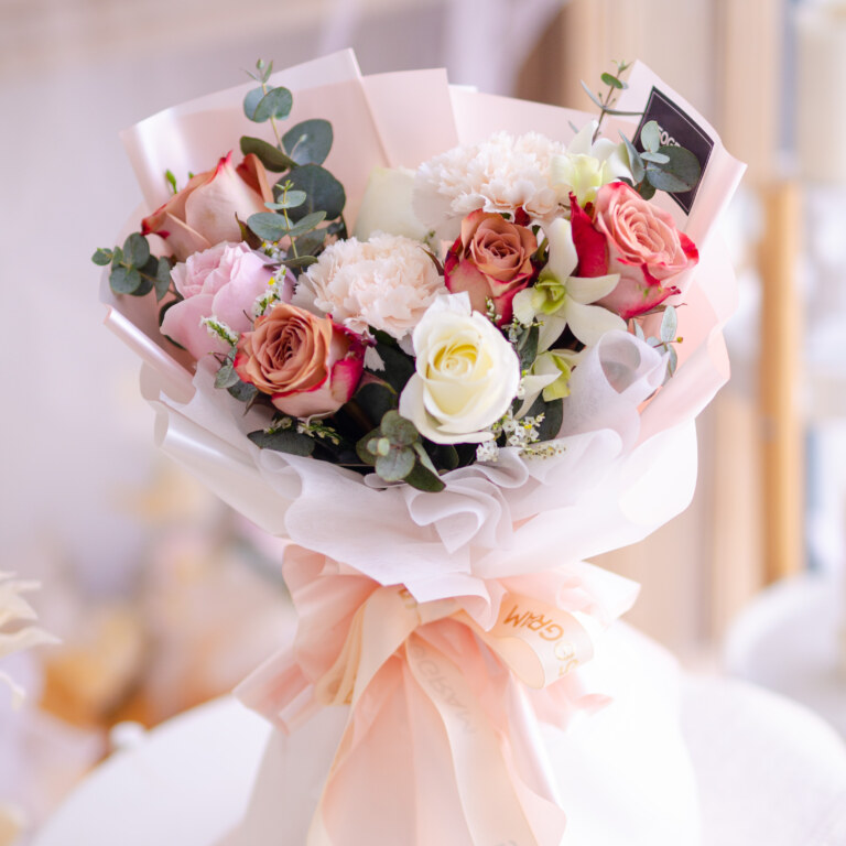 Cappuccino Rose, Pink Rose, Cream Rose, Brut Carnation, White Orchid, Caspia White, Eucalyptus Cinerea, Free Delivery, KL, Kuala Lumpur, Birthday, Surprise