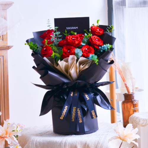 Red roses with baby breath Bouquet, Free Delivery, KL, Kuala Lumpur, Birthday, Surprise Flower Box Free Delivery
