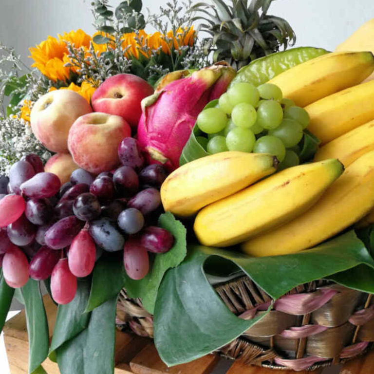 Fruit Box, Get well soon, Free Delivery, KL, Kuala Lumpur, Birthday, Surprise, Grapes, pineapple, mango, peach, Banana, dragon Fruit, Star fruit, sunflower, baby breath, eucalyptus, mostera, rattan basket