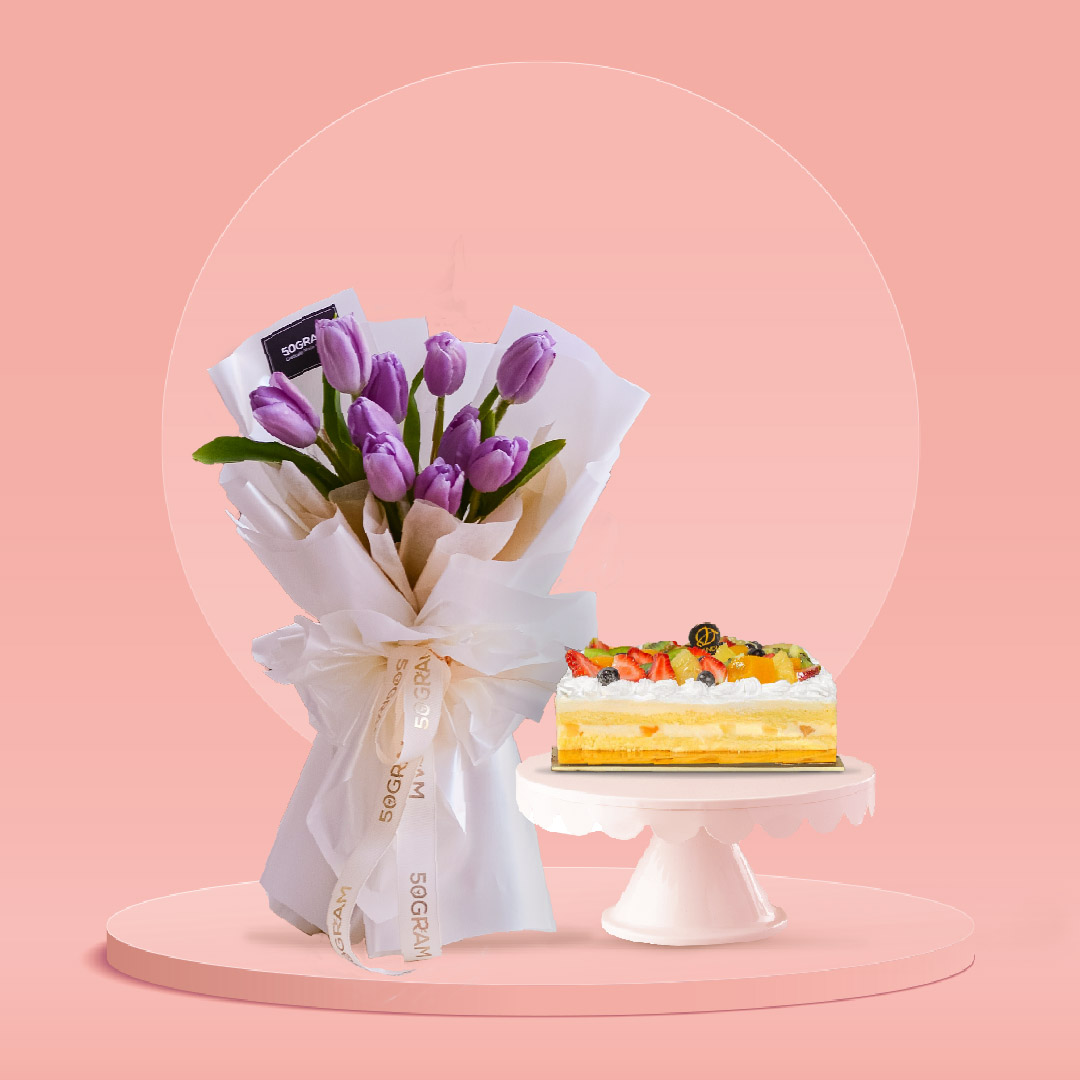 Light purple tulip & cake bundle – regular