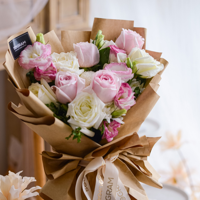 Pink rose, white rose, white ping pong, eustoma, free delivery