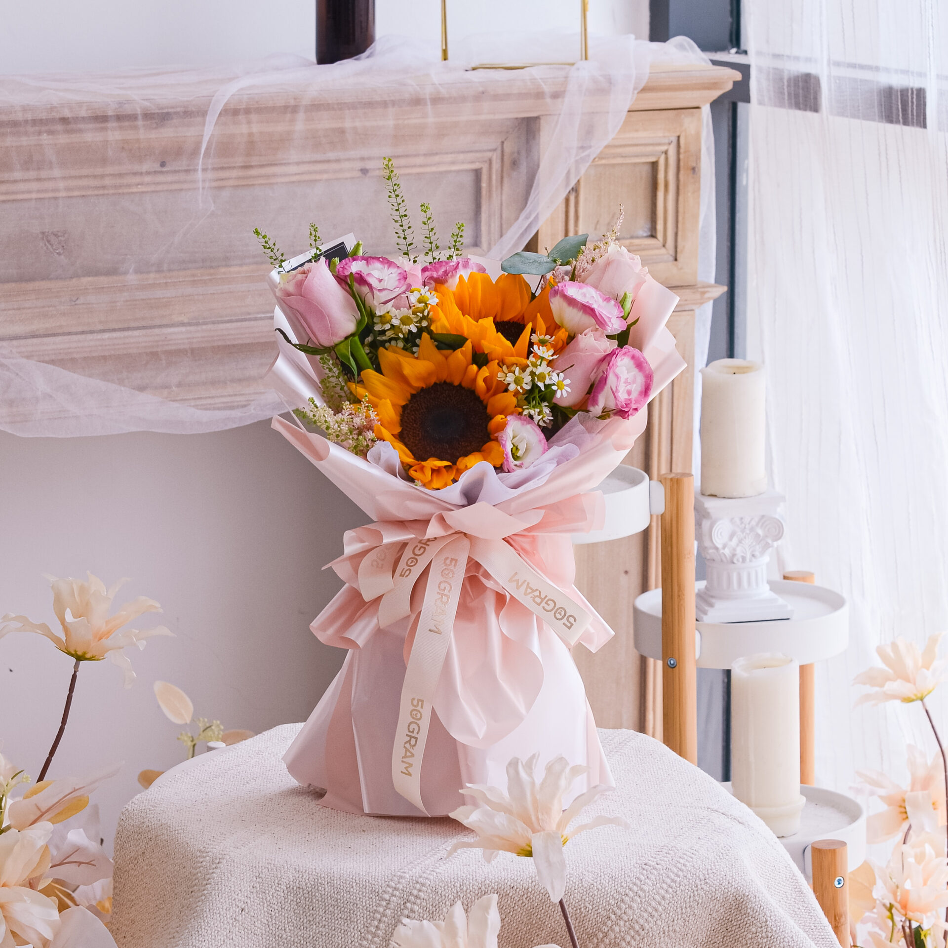 Sunflower, Pink Rose, Pink Eustoma, Astilbe Pink, Thlapsi Green Bell, Chamomile, Eucalyptus, Cinerea, Free Delivery, KL, Kuala Lumpur, Birthday, Surprise