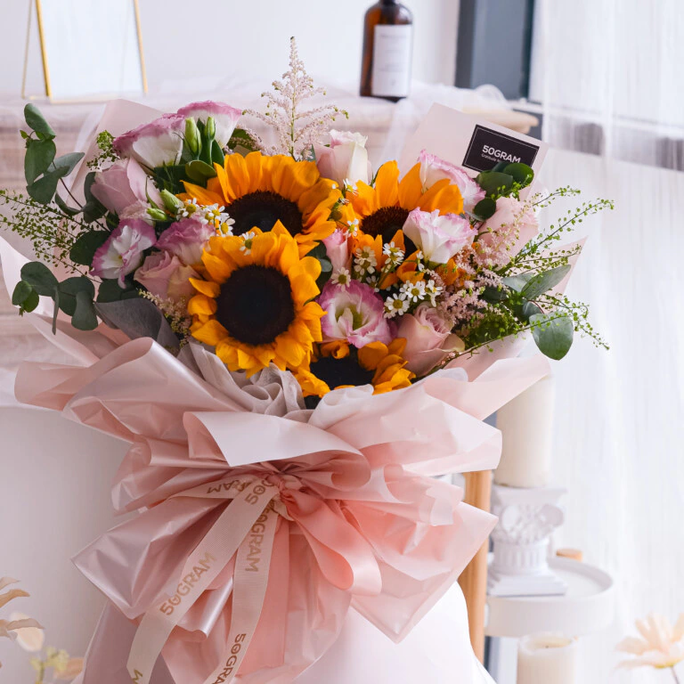 Sunflower, Pink Rose, Pink Eustoma, Astilbe Pink, Thlapsi Green Bell, Chamomile, Eucalyptus, Cinerea, Free Delivery, KL, Kuala Lumpur, Birthday, Surprise