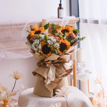 Sunflower, cappuccino rose, alstroemeria white, chamomile, yellow craspedia, eucalyptus, baby blue, free delivery, kl, kuala lumpur, birthday, surprise