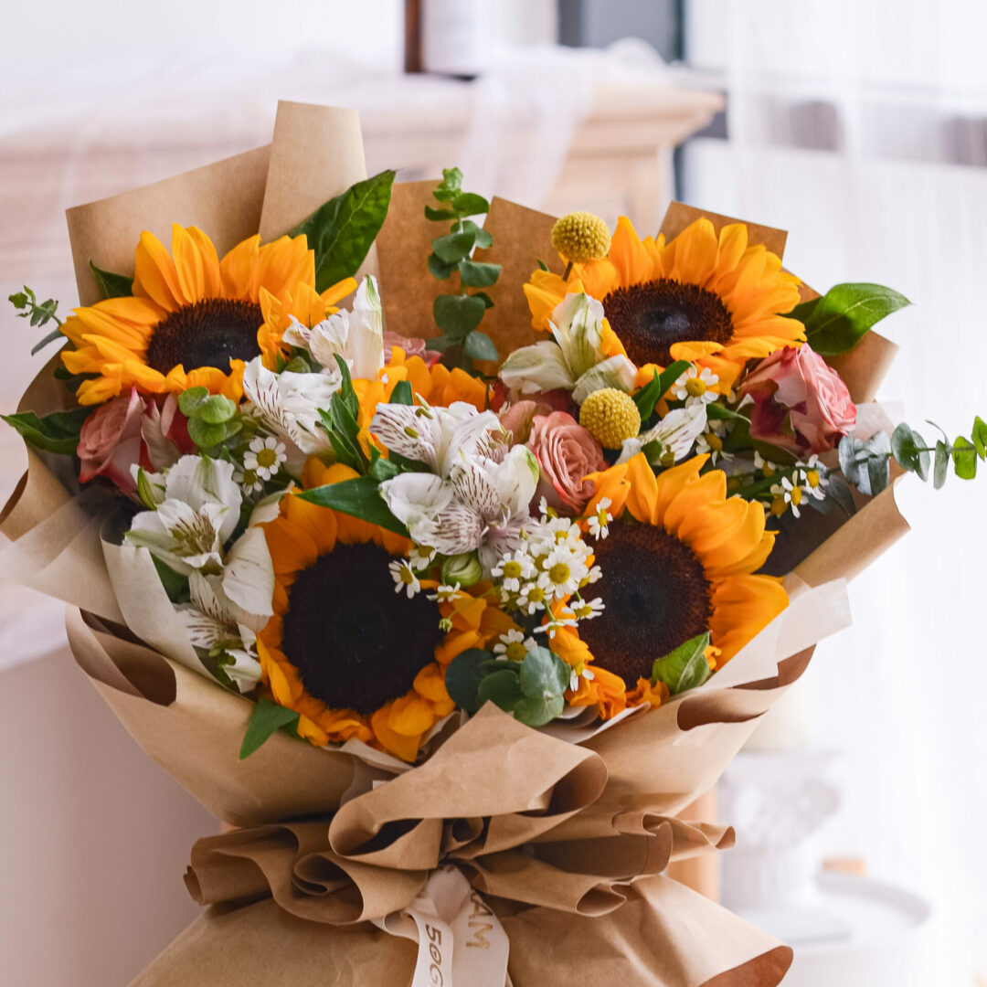 Sunflower, cappuccino rose, alstroemeria white, chamomile, yellow craspedia, eucalyptus, baby blue, free delivery, kl, kuala lumpur, birthday, surprise