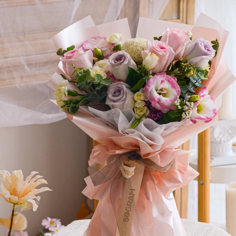 Pink Rose, Kenya Raindance, 2 Tone Pink Eustoma, Spary Carnation, White Wax Flower, White Ping Pong, Eucalyptus, Cinerea, Free Delivery, KL, Kuala Lumpur, Birthday, Surprise