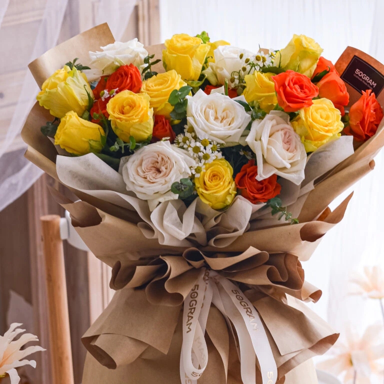 Yellow Rose, Cream Rose, Spray Rose Orange, Chamomile, Eucalyptus, Baby Blue, Free Delivery, KL, Kuala Lumpur, Birthday, Surprise
