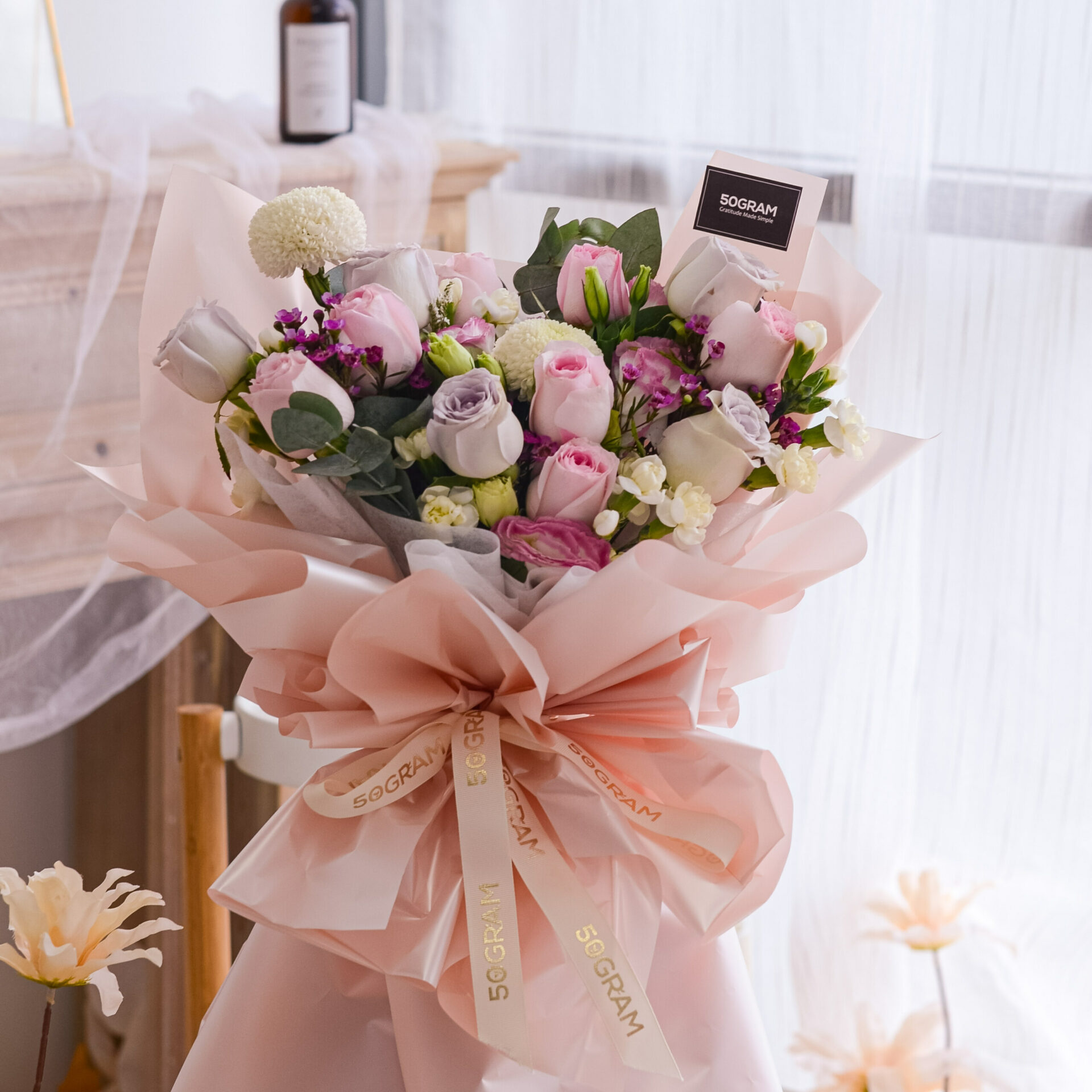 Pink Rose, Kenya Raindance, 2 Tone Pink Eustoma, Spary Carnation, White Wax Flower, White Ping Pong, Eucalyptus, Cinerea, Free Delivery, KL, Kuala Lumpur, Birthday, Surprise