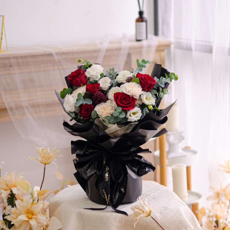 Kenya Red Rose, Brut Carnation, Skimmia Robella, White Eustoma, Eucalyptus Cinerea, Free Delivery, KL, Kuala Lumpur, Birthday, Surprise