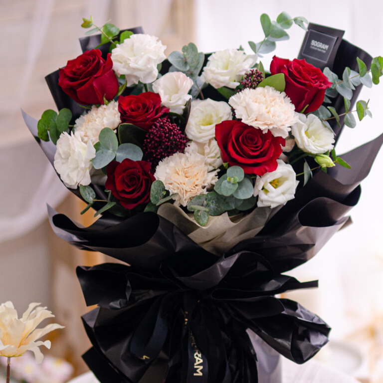 Kenya Red Rose, Brut Carnation, Skimmia Robella, White Eustoma, Eucalyptus Cinerea, Free Delivery, KL, Kuala Lumpur, Birthday, Surprise