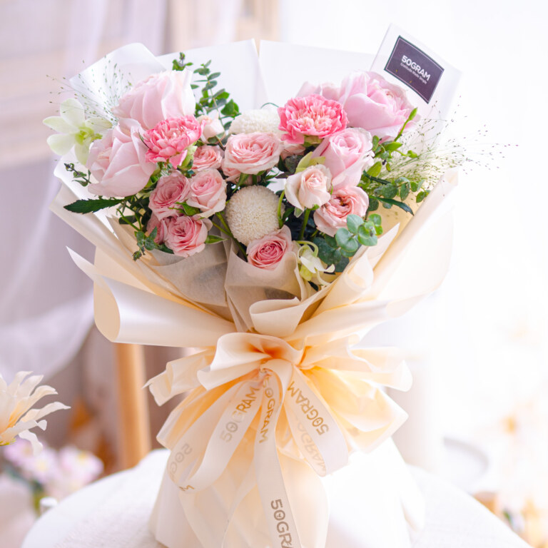 Pink Rose, Pink Carnation, Spray Rose Pink, White Ping Pong, White Orchid, Panicum, Eucalyptus Baby Blue, Free Delivery, KL, Kuala Lumpur, Birthday, Surprise