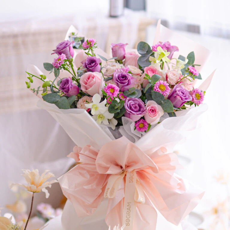 Purple Rose, Pink Rose, Aster Pink, Spray Rose, White Orchid, Eucalyptus Cinerea, Free Delivery, KL, Kuala Lumpur, Birthday, Surprise