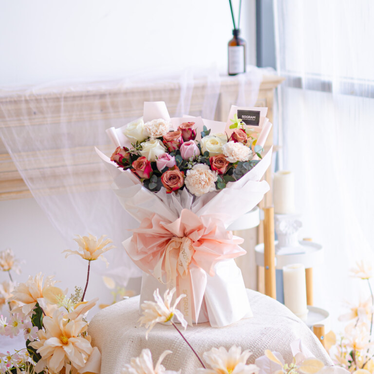 Cappuccino Rose, Pink Rose, Cream Rose, Brut Carnation, White Orchid, Caspia White, Eucalyptus Cinerea, Free Delivery, KL, Kuala Lumpur, Birthday, Surprise