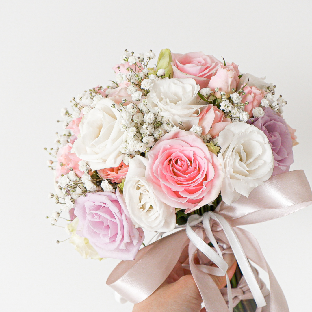 pink rose, lilac rose, spray rose pink, white eustoma, baby breath, eucalyptus baby blue, wedding, bridal, bridal bouquet, Free Delivery, KL, Kuala Lumpur