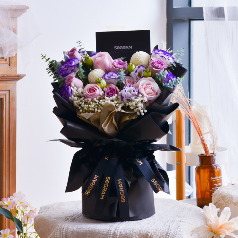Emily medium purple roses bouquet , free delivery, kl, kuala lumpur, birthday, surprise flower box free delivery