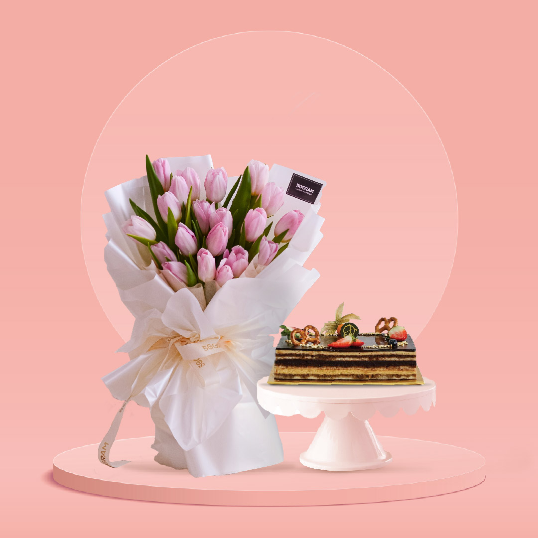Light pink tulip & cake bundle – large