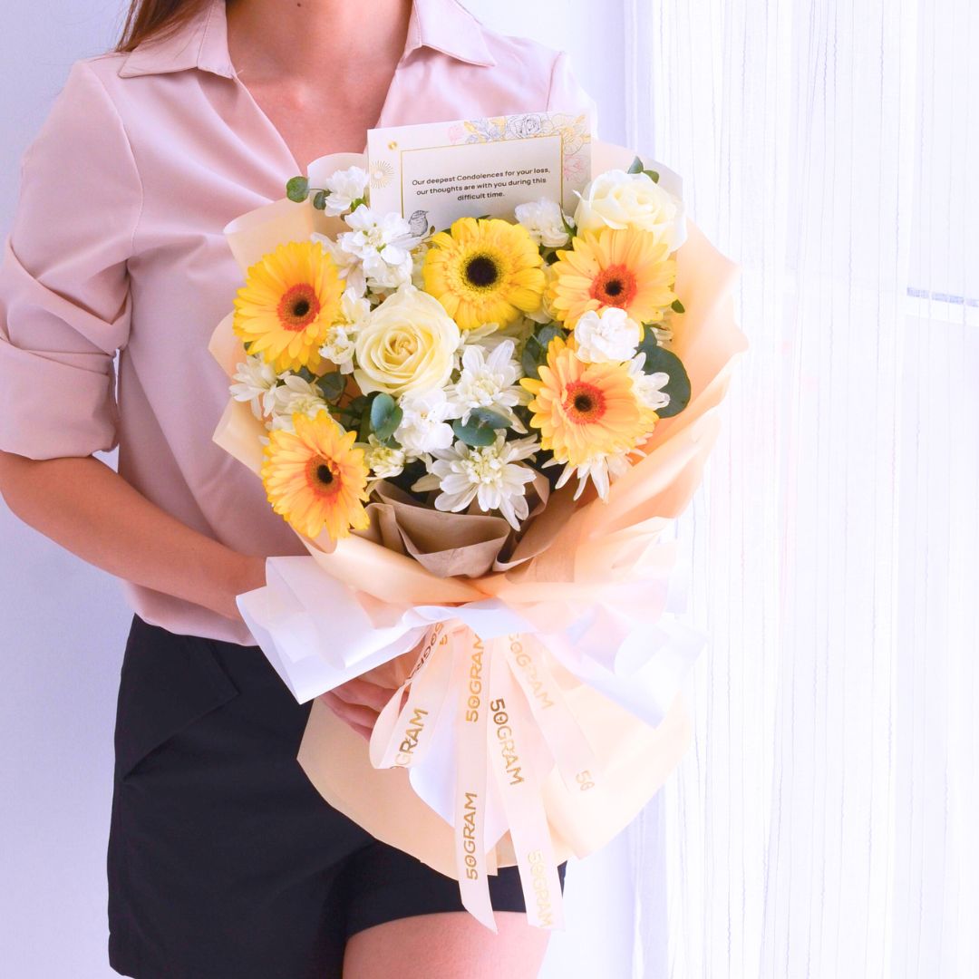 Yellow Condolences Bouquet Standard Size Free Delivery KL & PJ Condolences Hand Bouquet