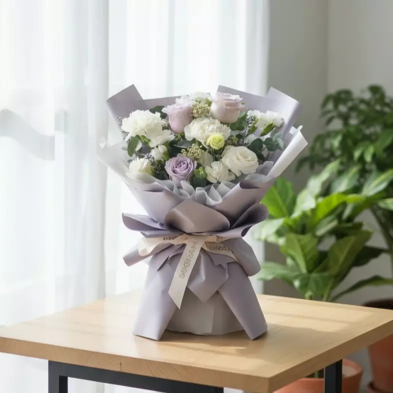 Misty Blooms Purple Roses Hand Bouquet