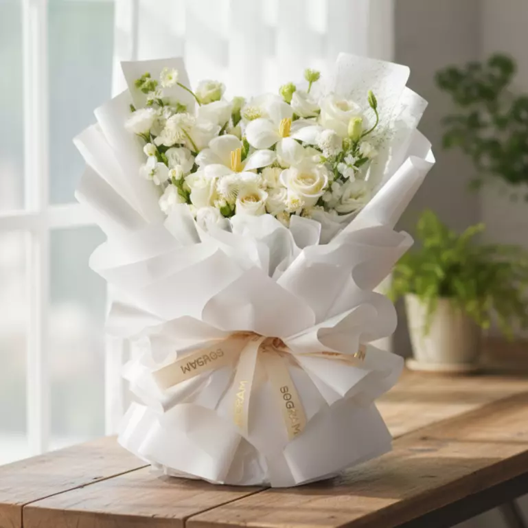 Snowy Bliss White Roses Hand Bouquet