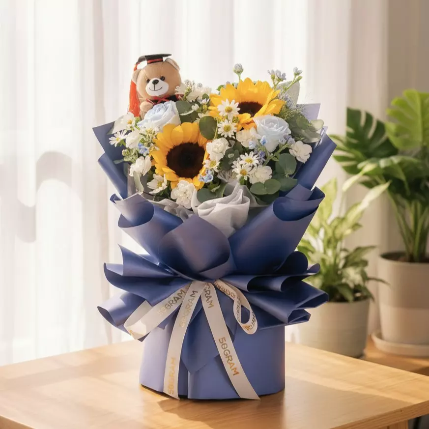 Skybound Sunflower & Blue Rose Hand Bouquet