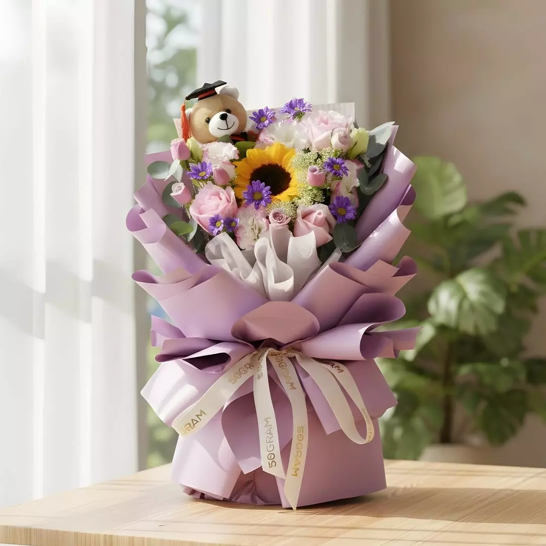 Turning Tassels Sunflower & Pink Rose Hand Bouquet