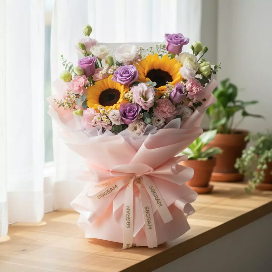 Yay Day Sunflower & Purple Rose Hand Bouquet